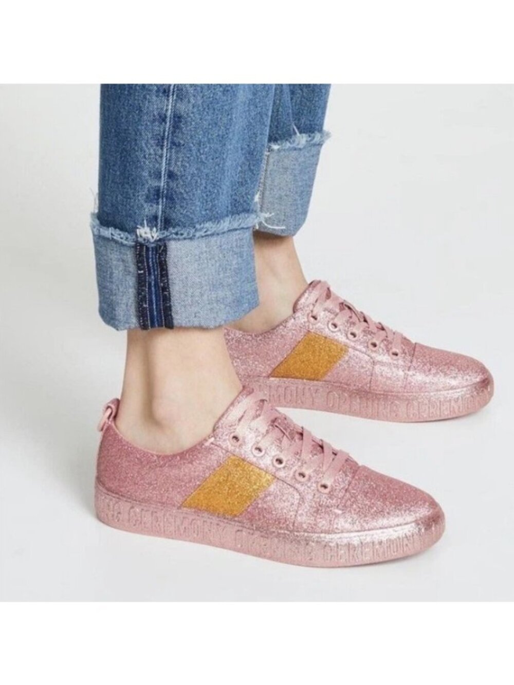 Opening Ceremony Pink & Gold Stripe Glitter Lace-Up Low Top Sneakers, Size 43